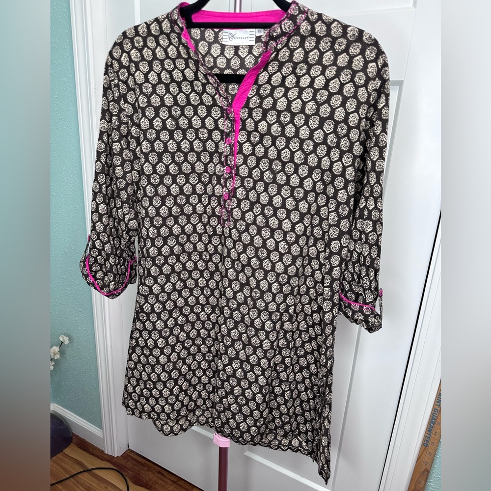 Westside Women’s Black Printed Tunic Top Hot Pink Trim XL Indian Ethnic wear